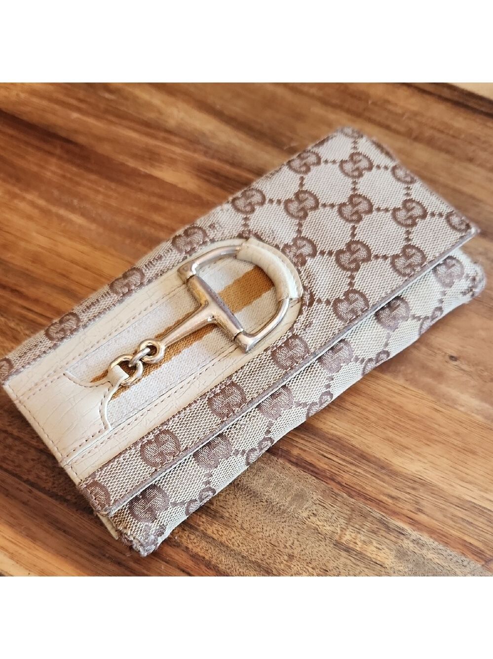 GUCCI Horsebit Sherry Line Long‎ Wallet Bi-fold Wallet GG Canvas Leather Beige